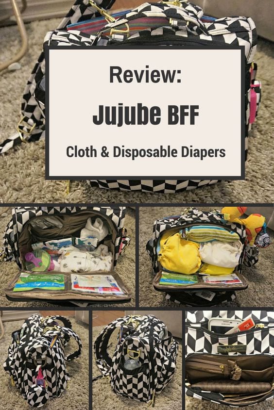 Jujube BFF Diaper Bag Review for both Disposable and Cloth Diapers. Plus how to get a 15% discount on the bag!