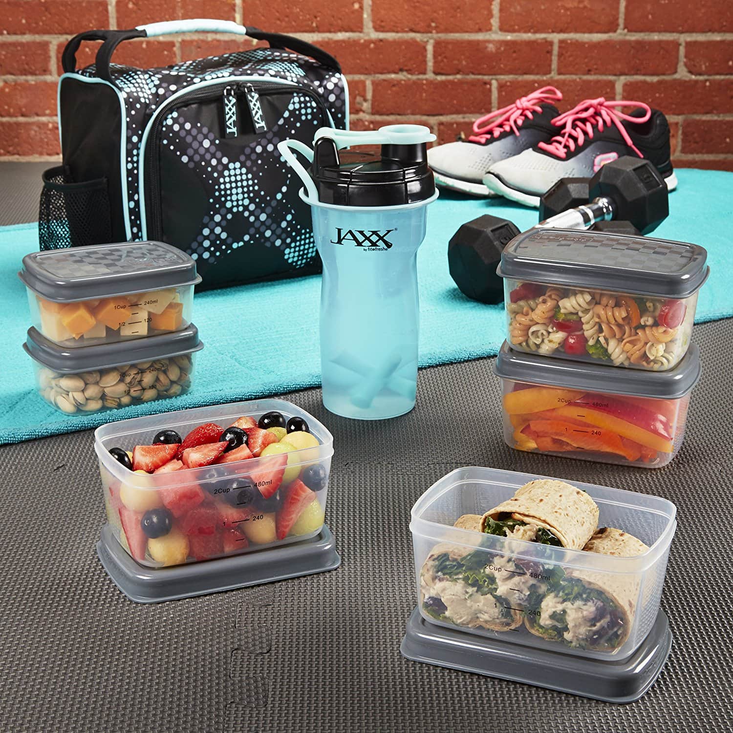 Jaxx FitPak Meal Prep Laptop Backpack Blue w/Portion Control Container Set  