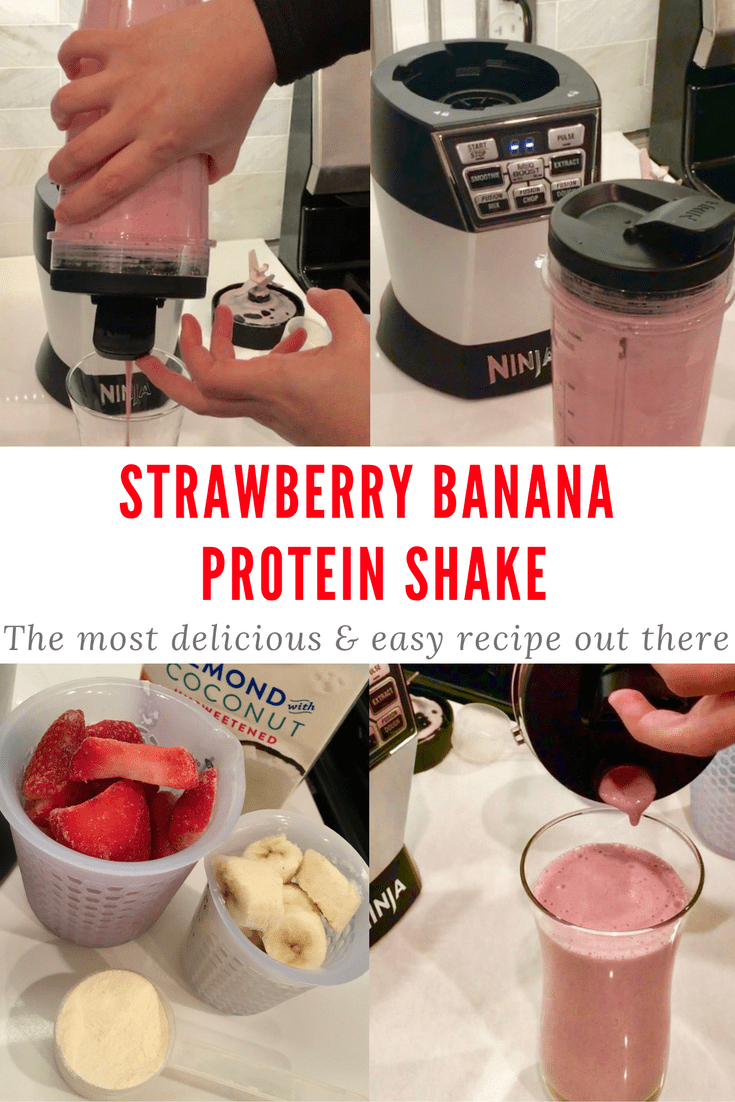 This delicious and easy strawberry banana protein shake recipe only has 4 ingredients and takes 2 minutes to make! Perfect for breakfast.