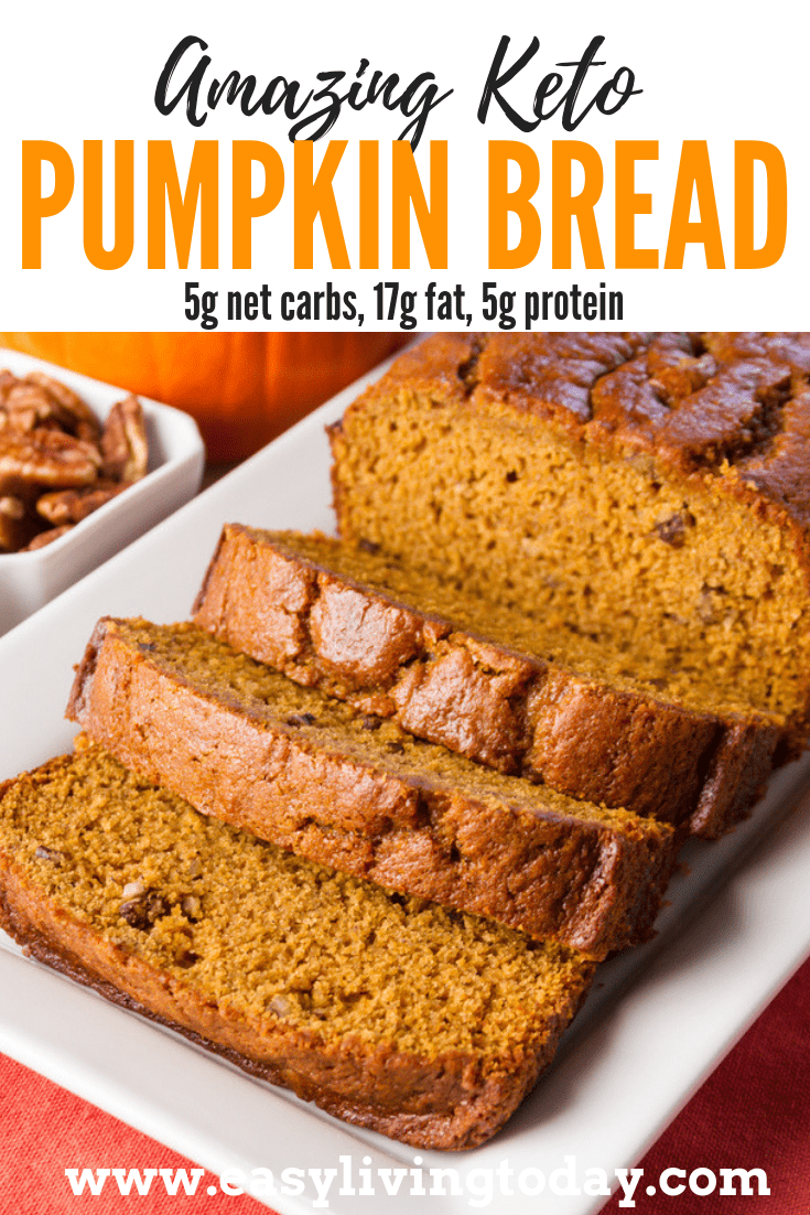 Delicious low carb keto pumpkin bread recipe. The perfect ketogenic diet snack for the fall. Only 5g net carbs! #keto #ketorecipes #ketogenicdiet #pumpkinrecipes